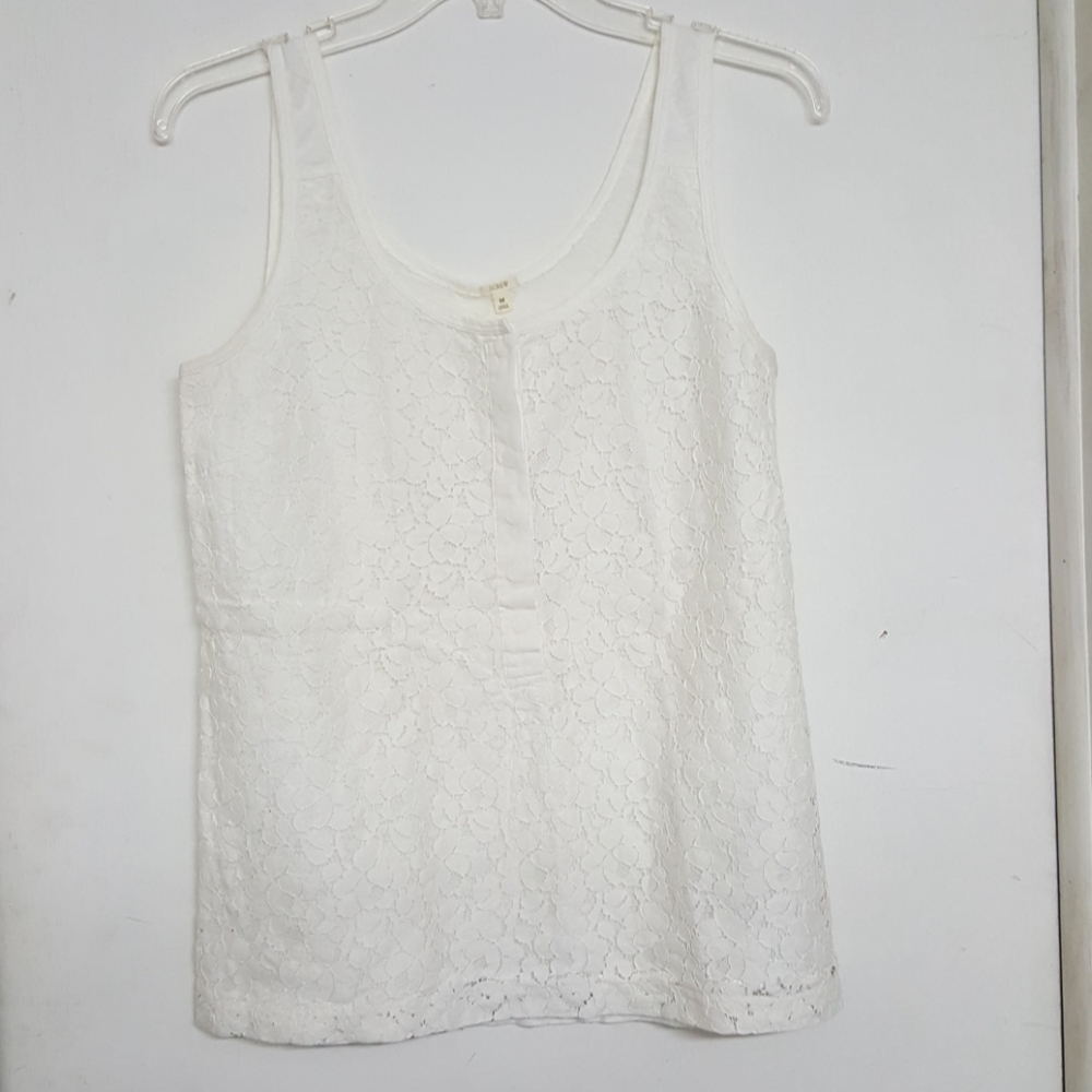 J Crew Lace Quarter Button Down Ivory Tank
